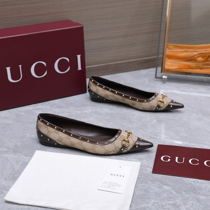 GUCCI 26S SAVOY BALLERINA FLATS IN BEIGE CANVAS AND CALFSKIN WITH STUDDED TRIM