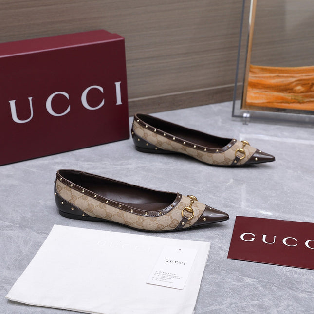 GUCCI 26S SAVOY BALLERINA FLATS IN BEIGE CANVAS AND CALFSKIN WITH STUDDED TRIM