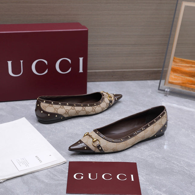 GUCCI 26S SAVOY BALLERINA FLATS IN BEIGE CANVAS AND CALFSKIN WITH STUDDED TRIM