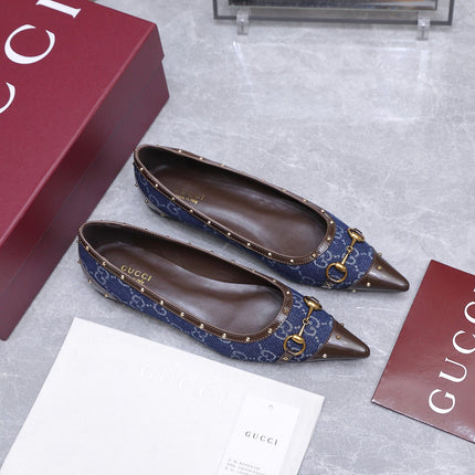 GUCCI 26S SAVOY BALLERINA FLATS IN DARK BLUE CANVAS AND CALFSKIN WITH STUDDED TRIM