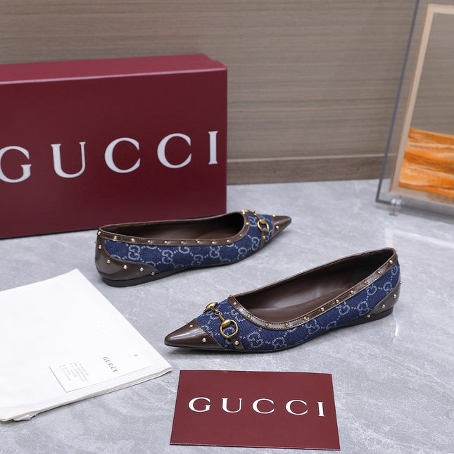 GUCCI 26S SAVOY BALLERINA FLATS IN DARK BLUE CANVAS AND CALFSKIN WITH STUDDED TRIM