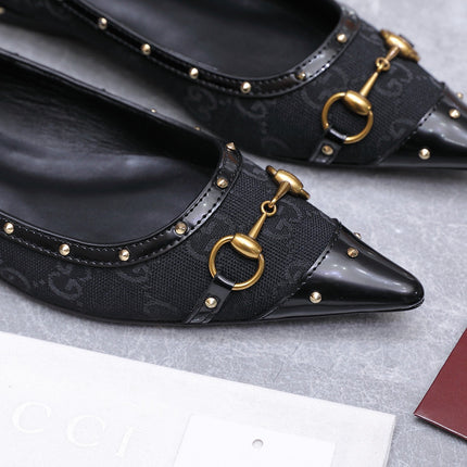 GUCCI 26S SAVOY BALLERINA FLATS IN BLACK CANVAS AND CALFSKIN WITH STUDDED TRIM