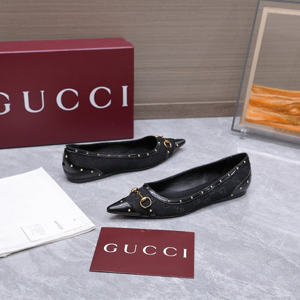 GUCCI 26S SAVOY BALLERINA FLATS IN BLACK CANVAS AND CALFSKIN WITH STUDDED TRIM
