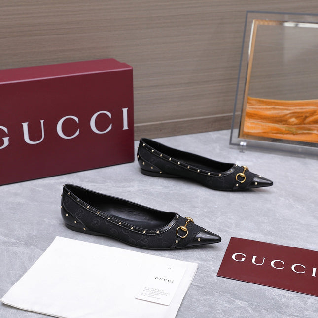 GUCCI 26S SAVOY BALLERINA FLATS IN BLACK CANVAS AND CALFSKIN WITH STUDDED TRIM