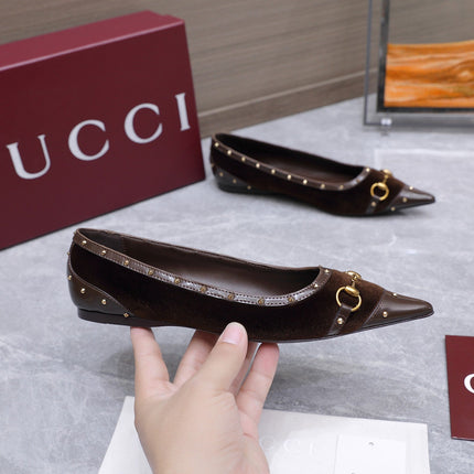 GUCCI 26S SAVOY BALLERINA FLATS IN DARK BROWN VELVET AND CALFSKIN WITH STUDDED TRIM