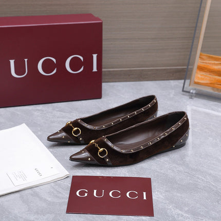 GUCCI 26S SAVOY BALLERINA FLATS IN DARK BROWN VELVET AND CALFSKIN WITH STUDDED TRIM