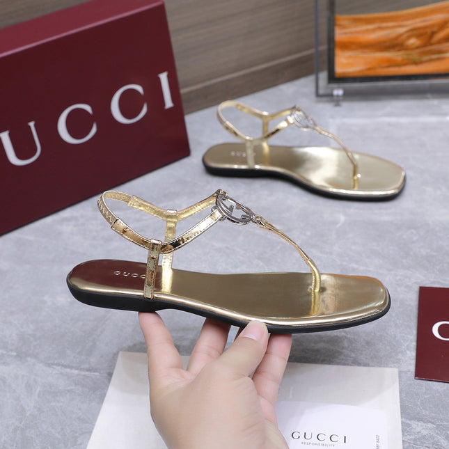 GUCCI 26S INTERLOCKING G THONG SANDALS IN GOLD CALFSKIN