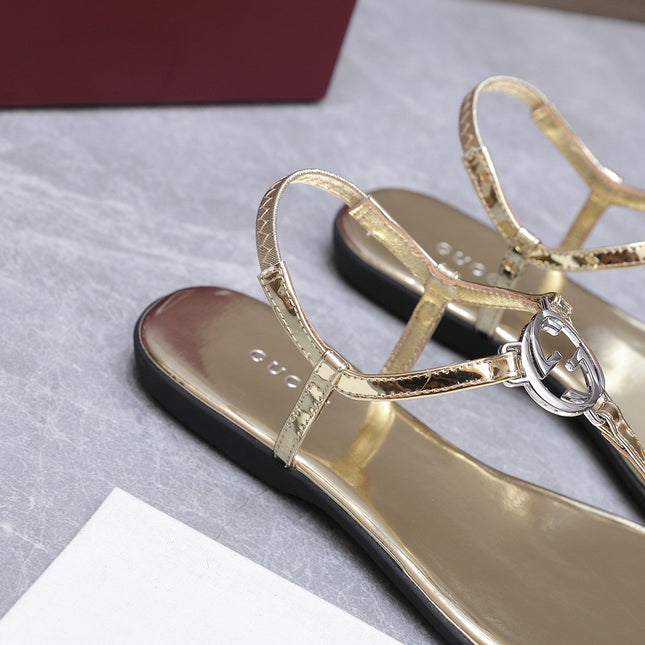 GUCCI 26S INTERLOCKING G THONG SANDALS IN GOLD CALFSKIN