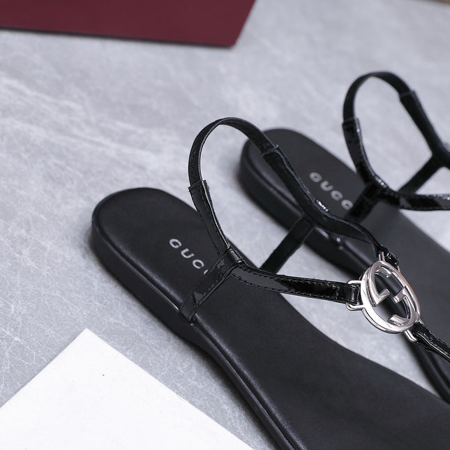 GUCCI 26S INTERLOCKING G THONG SANDALS IN BLACK CALFSKIN