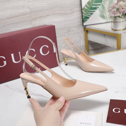 GUCCI 26S HEEL POINTED TOE SLINGBACK PUMPS 75MM IN NUDE BEIGE CALFSKIN