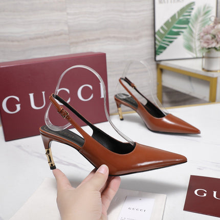 GUCCI 26S HEEL POINTED TOE SLINGBACK PUMPS 75MM IN COGNAC BROWN CALFSKIN