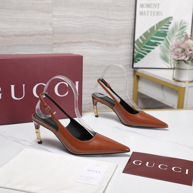GUCCI 26S HEEL POINTED TOE SLINGBACK PUMPS 75MM IN COGNAC BROWN CALFSKIN
