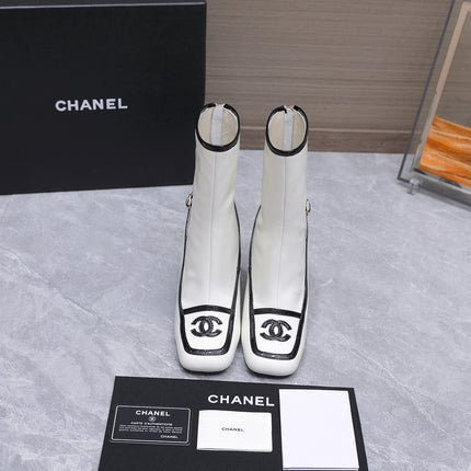 CHANEL 26S ANKLE BOOTS 80 MM IN WHITE CALFSKIN WITH BLACK PATENT LEATHER TRIM AND CC LOGO ON TOE CAP