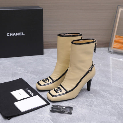CHANEL 26S ANKLE BOOTS 80 MM IN BEIGE CALFSKIN WITH BLACK PATENT LEATHER TRIM AND CC LOGO ON TOE CAP