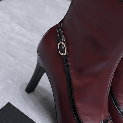 CHANEL 26S ANKLE BOOTS 80 MM IN BURGUNDY CALFSKIN WITH BLACK PATENT LEATHER TRIM AND CC LOGO ON TOE CAP