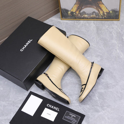 CHANEL 26S KNEE HIGH BOOTS IN BEIGE CALFSKIN WITH BLACK PATENT LEATHER TRIM AND CC LOGO ON TOE CAP