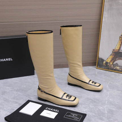 CHANEL 26S KNEE HIGH BOOTS IN BEIGE CALFSKIN WITH BLACK PATENT LEATHER TRIM AND CC LOGO ON TOE CAP