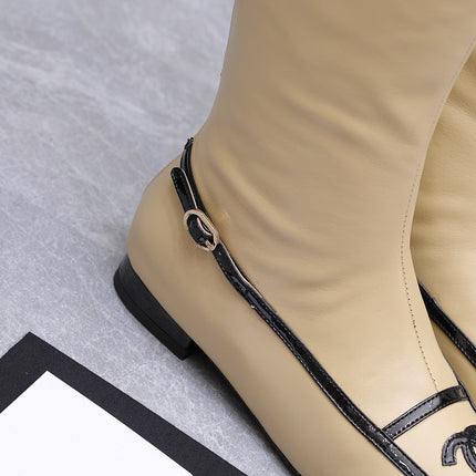 CHANEL 26S KNEE HIGH BOOTS IN BEIGE CALFSKIN WITH BLACK PATENT LEATHER TRIM AND CC LOGO ON TOE CAP