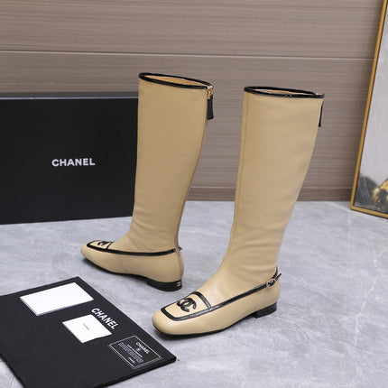 CHANEL 26S KNEE HIGH BOOTS IN BEIGE CALFSKIN WITH BLACK PATENT LEATHER TRIM AND CC LOGO ON TOE CAP