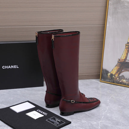 CHANEL 26S KNEE HIGH BOOTS IN BURGUNDY CALFSKIN WITH BLACK PATENT LEATHER TRIM AND CC LOGO ON TOE CAP