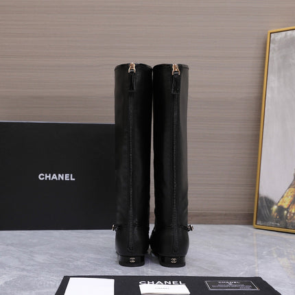 CHANEL 26S KNEE HIGH BOOTS IN BLACK CALFSKIN WITH PATENT LEATHER TRIM AND CC LOGO ON TOE CAP