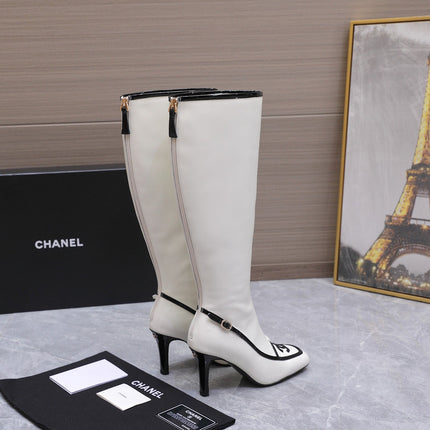 CHANEL 26S KNEE HIGH BOOTS 80 MM  IN WHITE CALFSKIN WITH BLACK PATENT LEATHER TRIM AND CC LOGO ON TOE CAP