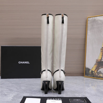 CHANEL 26S KNEE HIGH BOOTS 80 MM  IN WHITE CALFSKIN WITH BLACK PATENT LEATHER TRIM AND CC LOGO ON TOE CAP