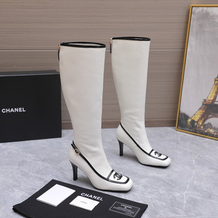 CHANEL 26S KNEE HIGH BOOTS 80 MM  IN WHITE CALFSKIN WITH BLACK PATENT LEATHER TRIM AND CC LOGO ON TOE CAP