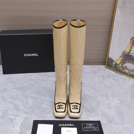 CHANEL 26S KNEE HIGH BOOTS 80 MM  IN BEIGE CALFSKIN WITH BLACK PATENT LEATHER TRIM AND CC LOGO ON TOE CAP