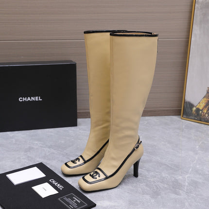 CHANEL 26S KNEE HIGH BOOTS 80 MM  IN BEIGE CALFSKIN WITH BLACK PATENT LEATHER TRIM AND CC LOGO ON TOE CAP