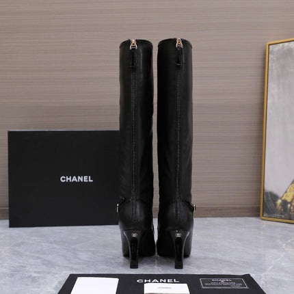 CHANEL 26S KNEE HIGH BOOTS 80 MM  IN BLACK CALFSKIN WITH PATENT LEATHER TRIM AND CC LOGO ON TOE CAP