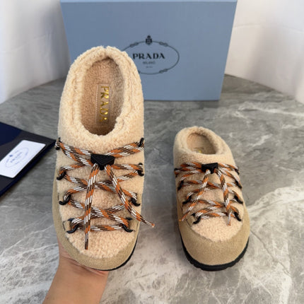 PRADA 26S WOVEN MULES IN BEIGE WOOL MIX SUEDE