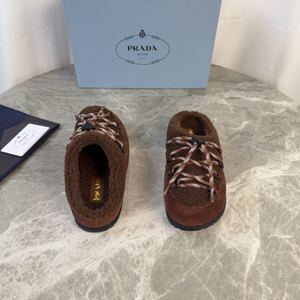 PRADA 26S WOVEN MULES IN DARK BROWN WOOL MIX SUEDE