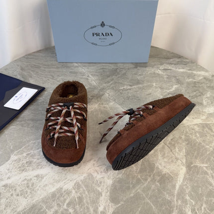 PRADA 26S WOVEN MULES IN DARK BROWN WOOL MIX SUEDE
