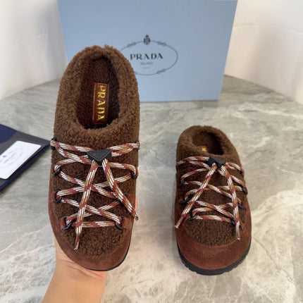 PRADA 26S WOVEN MULES IN DARK BROWN WOOL MIX SUEDE