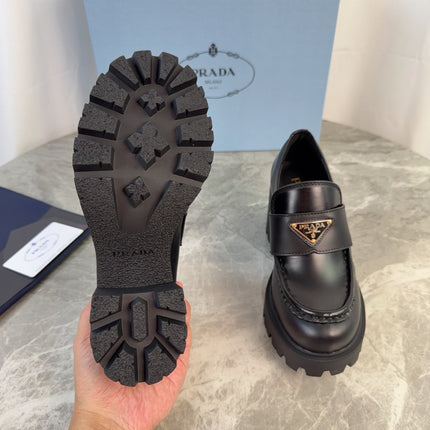 PRADA 26S HEELED LOAFERS 85 MM IN BLACK SMOOTH CALFSKIN