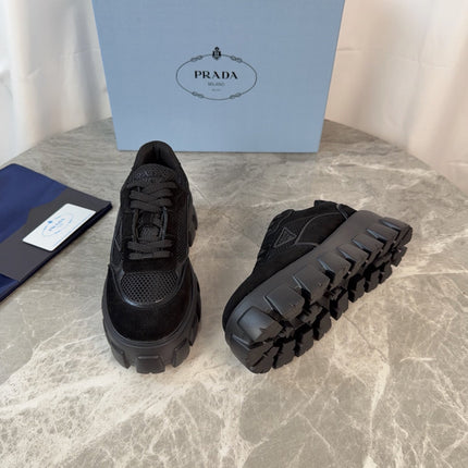 PRADA 26S GEAR SOLE SNEAKERS IN BLACK SUEDE AND MESH