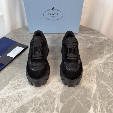 PRADA 26S GEAR SOLE SNEAKERS IN BLACK SUEDE AND MESH