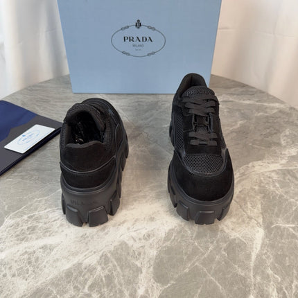 PRADA 26S GEAR SOLE SNEAKERS IN BLACK SUEDE AND MESH