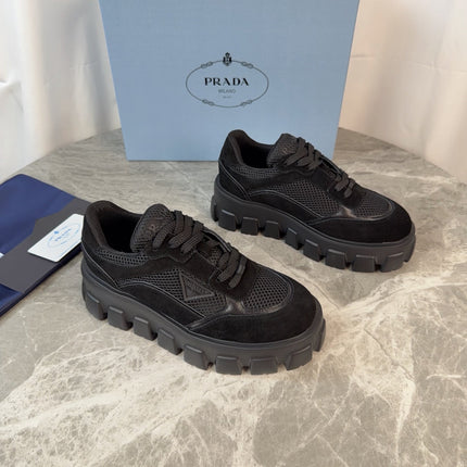 PRADA 26S GEAR SOLE SNEAKERS IN BLACK SUEDE AND MESH