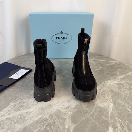 PRADA 26S ZIP-UP ANKLE BOOTS IN BLACK SUEDE