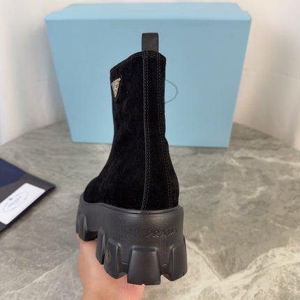 PRADA 26S ZIP-UP ANKLE BOOTS IN BLACK SUEDE