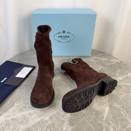 PRADA 26S ANKLE BIKER BOOTS IN DARK BROWN SUEDE