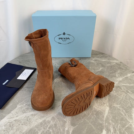 PRADA 26S ANKLE BIKER BOOTS IN COGNAC BROWN SUEDE