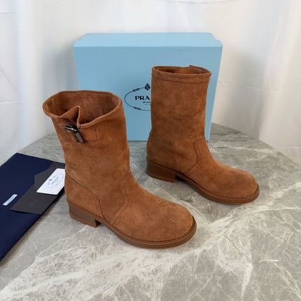 PRADA 26S ANKLE BIKER BOOTS IN COGNAC BROWN SUEDE
