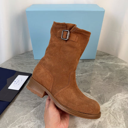 PRADA 26S ANKLE BIKER BOOTS IN COGNAC BROWN SUEDE