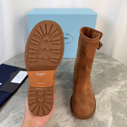 PRADA 26S ANKLE BIKER BOOTS IN COGNAC BROWN SUEDE