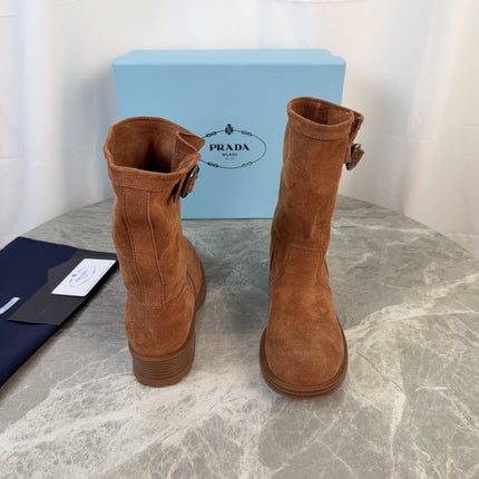 PRADA 26S ANKLE BIKER BOOTS IN COGNAC BROWN SUEDE