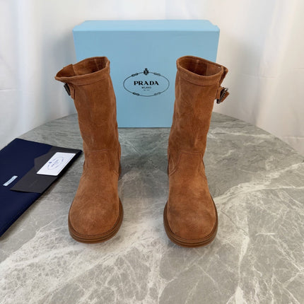 PRADA 26S ANKLE BIKER BOOTS IN COGNAC BROWN SUEDE