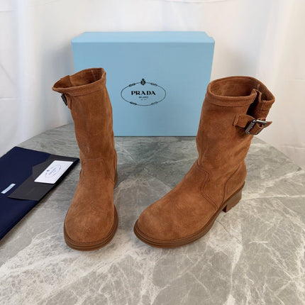 PRADA 26S ANKLE BIKER BOOTS IN COGNAC BROWN SUEDE